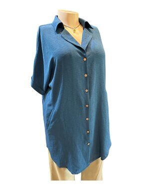 Bsubseach Sz 2X Blue Button-Up Tunic Blouse w/ Pockets - NEW - NWT